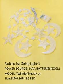 1 st 2 m/2,56 fot 69 LED dekorativ stjärn- och månegardinlampa för inomhusbruk, batteridriven, blinkande ljus, väggdekoration för sovrum, ljusslinga med älva och mån, stjärnljusslinga för bröllopsfest, stjärnljusslinga för utomhusbruk, alla hjärtans dag-dekoration