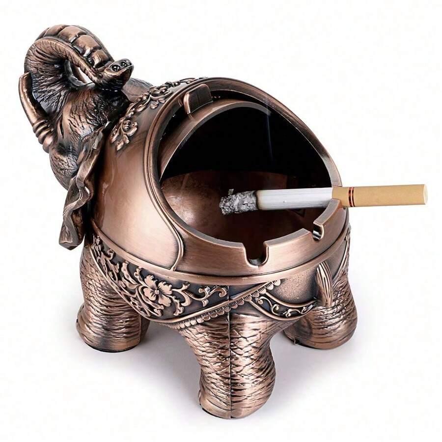 Windproof Vintage Ashtray With Lid With Elephant Shape Tabletop Ashtray Indoor Outdoor Retro Home Office Decoration Red Bronze - 紅古色 - 查看 1