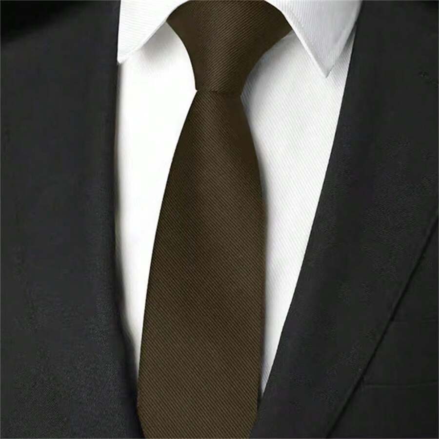 Plain Twill Slim Tie With Stripes - 咖啡棕 - 查看 1