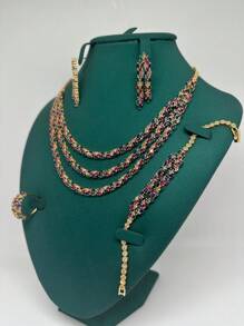 4 pièces / set de bijoux de fête tendance, collier multicouche, pierre de zirconium colorée incrusté de cuivre, ensemble de bijoux élégant pour femmes, convient au Moyen-Orient, en Europe et en Amérique