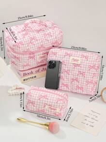 1 Peça Bolsa de Cosméticos Quadriculada Rosa para Mulher, com Zíper e Portátil, Fashionável e Fofa com Grande Capacidade, Acolchoada, Adequada para Armazenamento de Cosméticos, para Presente de Aniversário, para Dia da Mãe, Conjunto de Viagem de Estilo Doce