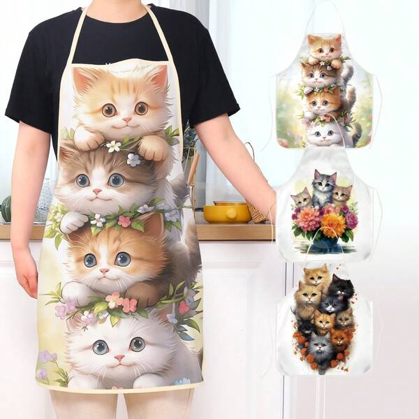 1pc Creative Personalized Cat Element Theme Printed Apron For Kitchen, Restaurant, Party