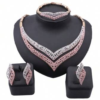Conjunto de joyería de dos tonos: Collar, aretes, brazalete y anillo de declaración con cristales en oro rosa y plata, accesorios brillantes para vestido de noche/cena de fiesta para mujeres