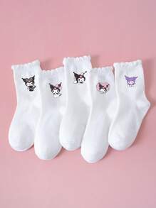 1/5 Pares de Meias Cano Médio Infantis da Sanrio, Meias Femininas de Cor Sólida e Padrão Fofo de Kuromi/Coração, Meias Respiráveis, Macias e Absorventes de Umidade com Personagens Cartoon, Adequadas para Estudantes Voltando à Escola, Férias, Festas, Esportes ao Ar Livre, Escola, Presentes e Uso Diário