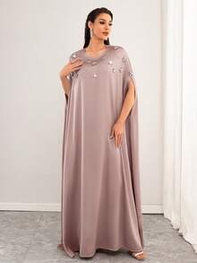 Women's Round Neck Rhinestone Embellished Casual Dress, Summer - Pink - View 6