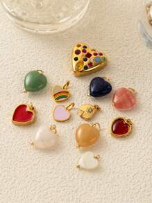 1Pc 18K Gold Plated Heart Charms, Natural Gemstone & Enamel Pendant, Rainbow, Red & Crystal Hearts, DIY Necklace & Bracelet Jewelry