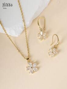 Hihho 3 pièces/set collier pendentif fleur et boucles d'oreilles en acier inoxydable, avec zircone cubique brillants incrustés. Bijoux pour femmes, disponibles en or et argent. Meilleur cadeau