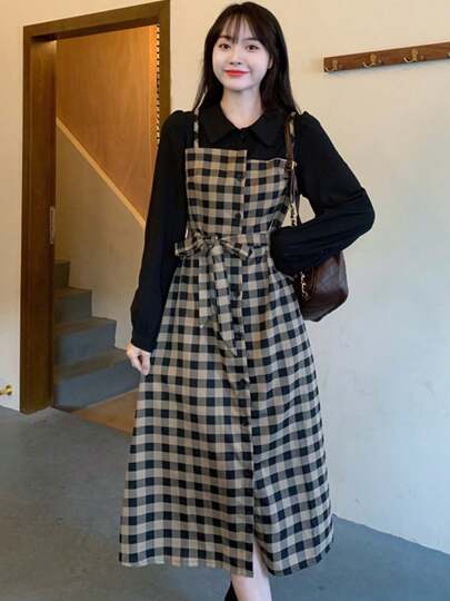 Las mujeres de clase alta sentido retro falsa falda larga de dos piezas a cuadros moda versátil envejecimiento vestidos de camisa