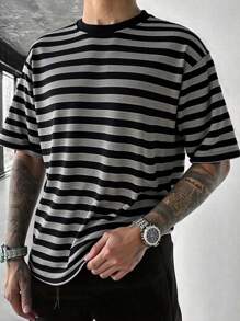 Men's Casual Contrast Color Striped Fashion Versatile Everyday Commute Short Sleeve T-Shirt - Multicolor - View 1
