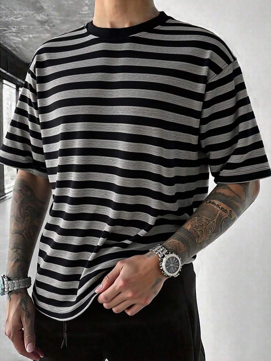 Men's Casual Contrast Color Striped Fashion Versatile Everyday Commute Short Sleeve T-Shirt - Multicolor - View 1
