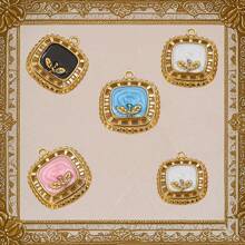 1 件复古风格油画图案方形镂空吊坠，DIY 珠宝配件