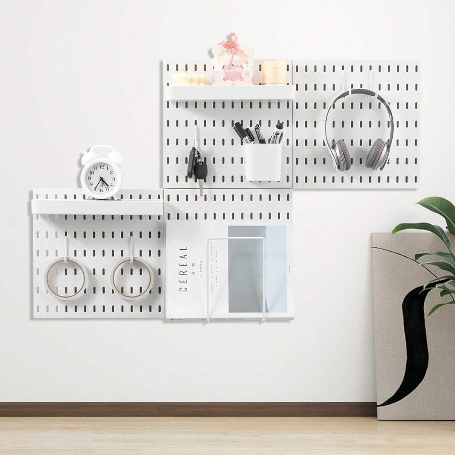 Pegboard Combination Kit, 11" X 11" Plastic Pegboard, 4 Panels, Peg Board Wall Organizer Kit With Accessories, For Garage Tool Storage Kitchen Living Room Craft Room Office Bathroom Home, White, Black - 白色 - 查看 1