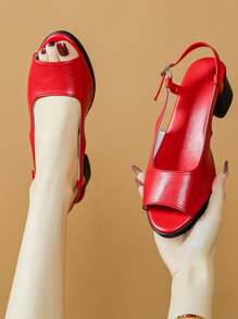 Women's Soft Leather Open Toe Chunky Heel Sandals, Summer