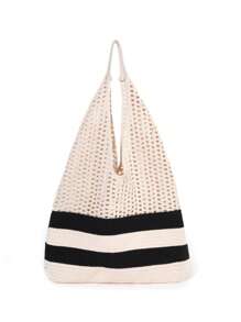 1pc Beige Original Design Medium Woven Bag For Women, Fashion Beach Bag, Hollow Mesh Tote Bag, Shopping Bag, Suitable For Daily Use, Dates, Gifts For Graduates, Teenagers, College Students, Holidays, Beach, Shoulder Bag, Crossbody Bag, Large Capacity Handheld Bag - Beige - View 6