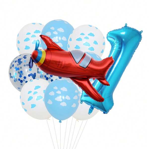 Blue Sky White Latex Airplane Number 1-9 Balloons, Suitable For Airplane Birthday Party Decoration, Pilot Flight Theme Party