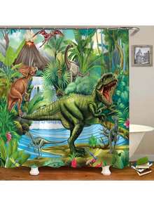 1/4pcs Dinosaur World Bathroom Set, Includes Shower Curtain With 12 Hooks, Anti-Slip Bathroom Rug, Toilet U-Shape Mat, Toilet Lid Cover, Bathroom Decor, Bathroom Curtain Set, Bathroom Accessories, Suitable For All Holidays