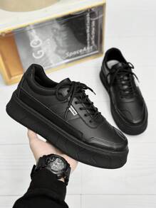 Thick Sole Round Toe Breathable Student Lace-Up Canvas Shoes Men, Solid Color Small Leather Casual Skate Shoes, Anti-Slip Work Shoes - Black - View 2