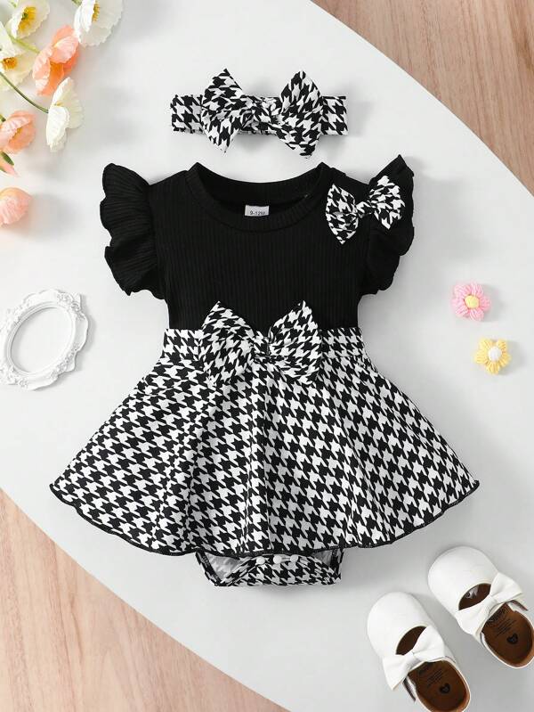 Newborn Elegant 2 Pieces Set: Black & White Houndstooth Bodysuit Dress + Black Cap Sleeve + Headband, Knit Striped Outfit For Infants 0-24 Months, Summer Daily Wear & Photography