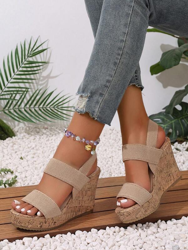 Women Sandals, Soft Cork Wedge Heel Sandals, Comfortable High Heel Sandals, Khaki Sandals, Square Toe Sandals, Double Strap Design, Wedge Heel Sandals, Summer Women Shoes, Casual Sandals, Daily Wear Shoes, Beach Holiday Shoes, Travel Sandals, Fashion Women Shoes, Comfortable Women Shoes, Versatile Sandals, Korean Style Sandals, European & American Style Sandals, Essential Summer Sandals