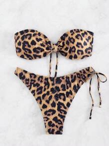 Set di bikini sexy alla moda, costume da bagno da donna con stampa leopardata, fascia e lacci, adatto per spiaggia ed escursioni estive