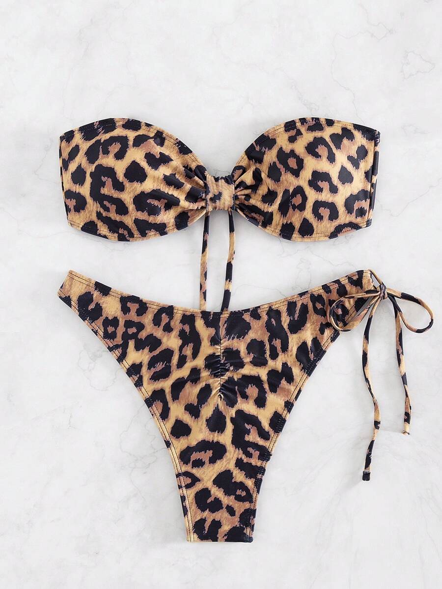 Set di bikini sexy alla moda, costume da bagno da donna con stampa leopardata, fascia e lacci, adatto per spiaggia ed escursioni estive