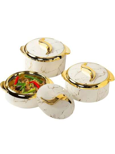 3pcs, Golden Touch Food Warmer, Thermal Casserole Dish Set With Lids, Insulated Stainless Steel Container For Hot & Cold Food, Serving Bowl For Buffets, Hot Pot Sets Food Warmer, Hot Pot Food Warmer Set, Tableware Casseroles Set, For Office