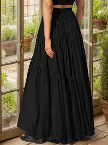 hoteel Chic Boho Style Pleated Design Maxi Skirt With Pockets, Elastic Waist Irregular Layer Hem A-Line Skirt, Woman's Clothes - 黑色 - 查看 4