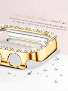 2 pièces/set Étui de montre étincelant avec décoration de strass à la mode et glamour, en plastique ajouré, résistant aux chutes, compatible avec les boîtiers de montre Apple Watch 38/40/41/42/44/45/46/49 mm, pour les séries Ultra/SE/10/9/8/7/6/5/4/3/2/1, accessoires d'étui de montre intelligente or+transparent