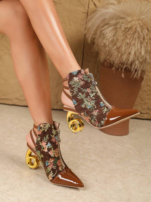 8.2CM Asymmetrical Heel Fashionable Sandals, Solid Gold Stone Pattern, Zipper Decor Design, Lycra Lining, Versatile Slimming Short Boots