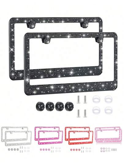 1 Stück 2 Stücke Kennzeichenrahmen - dauerhaft funkelnder und glitzernder Kennzeichenrahmen für Frauen, Edelstahl & behinderungsfreier Rahmen mit facettenreichen Kristallen, glitzerndes Kristall-Diamant Autoaccessoire mit glitzernden Kristallschraubkappen aus Edelstahl für Frauen und Männer