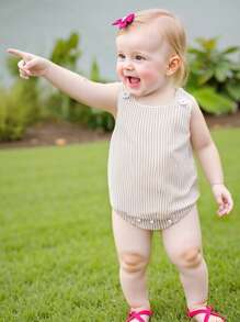 Baby Boy Romper Summer Sleeveless Round Neck Button Shoulder Stripes Print Romper Newborn Overalls - 卡其色 - 查看 3