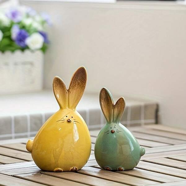 1 Paar 2025 Ostern Keramik Hasen Statue - Kabellose Frühlings Tischdekoration für Bauernhaus Tische und Kinderzimmer Dekoration