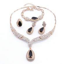 Juego de joyas de lujo con tono dorado y cristal rojo en forma de lágrima, que incluye collar, aretes, pulsera y anillo para mujeres, ideal para bodas, fiestas nupciales y bailes - juego de 4 piezas - Ver 12