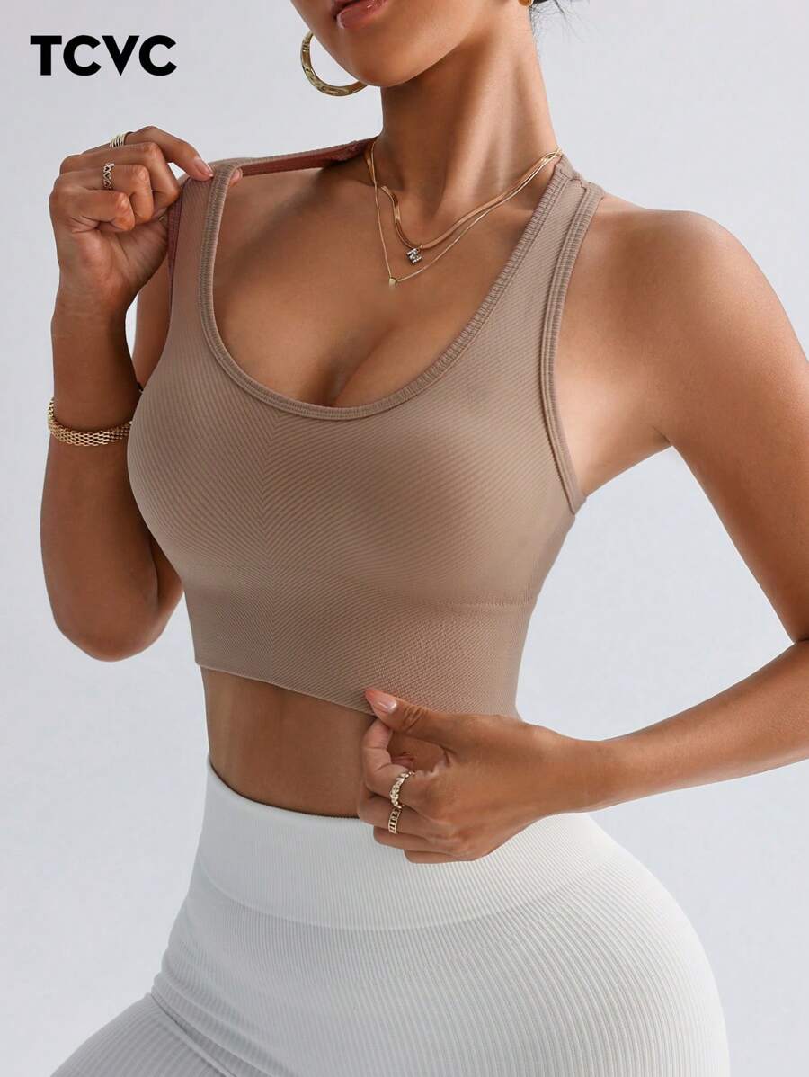TCVC 女士无缝针织性感胸罩，舒适亲肤材质，经典百搭，可作为内衣或外套穿着，时尚瑜伽和健身必备 - 卡其色 - 查看 1