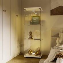 Vetrina in vetro con illuminazione a LED, 4 ripiani con anta, vetrina in vetro temperato con schienale a specchio, libreria da terra per soggiorno, camera da letto, ufficio