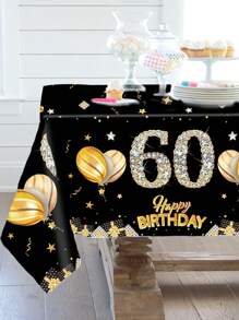 1pc Black Gold 21st & 30th & 40th & 50th & 60th & 70th Birthday Disposable Table Runner, Balloon Star Pattern Happy Birthday PE Table Cover, 21st & 30th & 40th & 50th & 60th & 70th Happy Birthday Party Decoration Table Cloth
