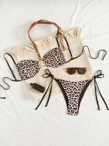 Leopard Print Letter Patchwork Elegant Cute Crisscross Drawstring Tie Back - Multicolor - View 2