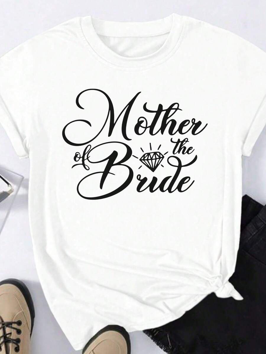 婚礼主题新娘妈妈印花女士 T 恤，女士休闲、时尚、舒适、柔软、运动、健身、日常、户外、家居、透气、圆领短袖上衣、T 恤