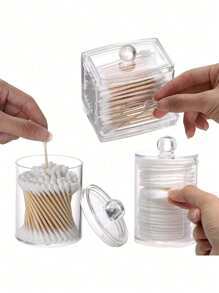 Bộ 3 món đựng đồ trang điểm - Hộp đựng tăm bông 10oz, 7oz (có nắp nhựa đen trong suốt), hộp đựng tăm bông tẩy trang, lọ nhỏ. - trong suốt - Xem 2