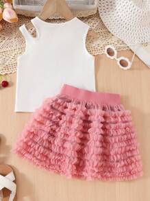 2pcs/Set Young Girls Heart Print Hollow-Out Camisole And Multi-Layer Ruffle Hem Skirt Set - White - View 2