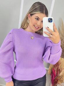 Women's Winter Cold Weather Puff Sleeve Princess Long Pleated Knit Sweater Top - 紫丁香色 - 查看 2