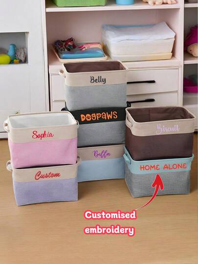 1pc Customized Embroidered Text Polyester Linen-Look Storage Basket, Large Size Blanket Storage Box, Dual-Tone Storage Basket, Portable Laundry Hamper, Mildew & Odor Resistant, Collapsible
