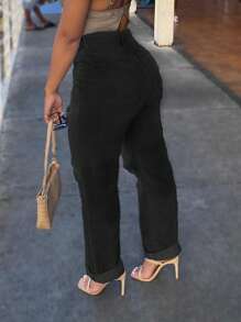 New American Street Fashion Casual Loose Ripped Basic Women Straight Pants - màu đen - Xem 4