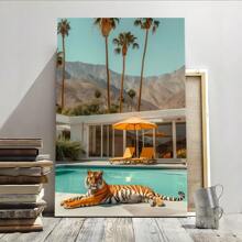 1pc Framed Canvas Poster Tiger Swimming-Pool Tropical-Resort Wall Art Canvas Paintings Ideal Gift For Bedroom Living Room Corridor Wall Art Wall Decor Room Decoration Ready To Hang