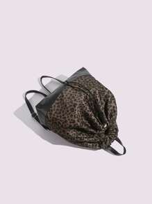 2025 Spring/Summer New Fashionable Leopard Print Casual Versatile Large Capacity Drawstring Backpack, Minimalist Lightweight Commuter Bag, Animal Print Women Bag, School Backpack, School Bag, Backpack For School, Back To School Backpack, School Bookbag, Back To School Bags, Waterproof, Portable, Foldable, Classic Casual, Perfect For Back To School, First Day Of School, Middle School, High School, Preppy Backpack For School Back To School Essentials, Fall Winter Fashionable Cheetah Print Purse - Black - View 6