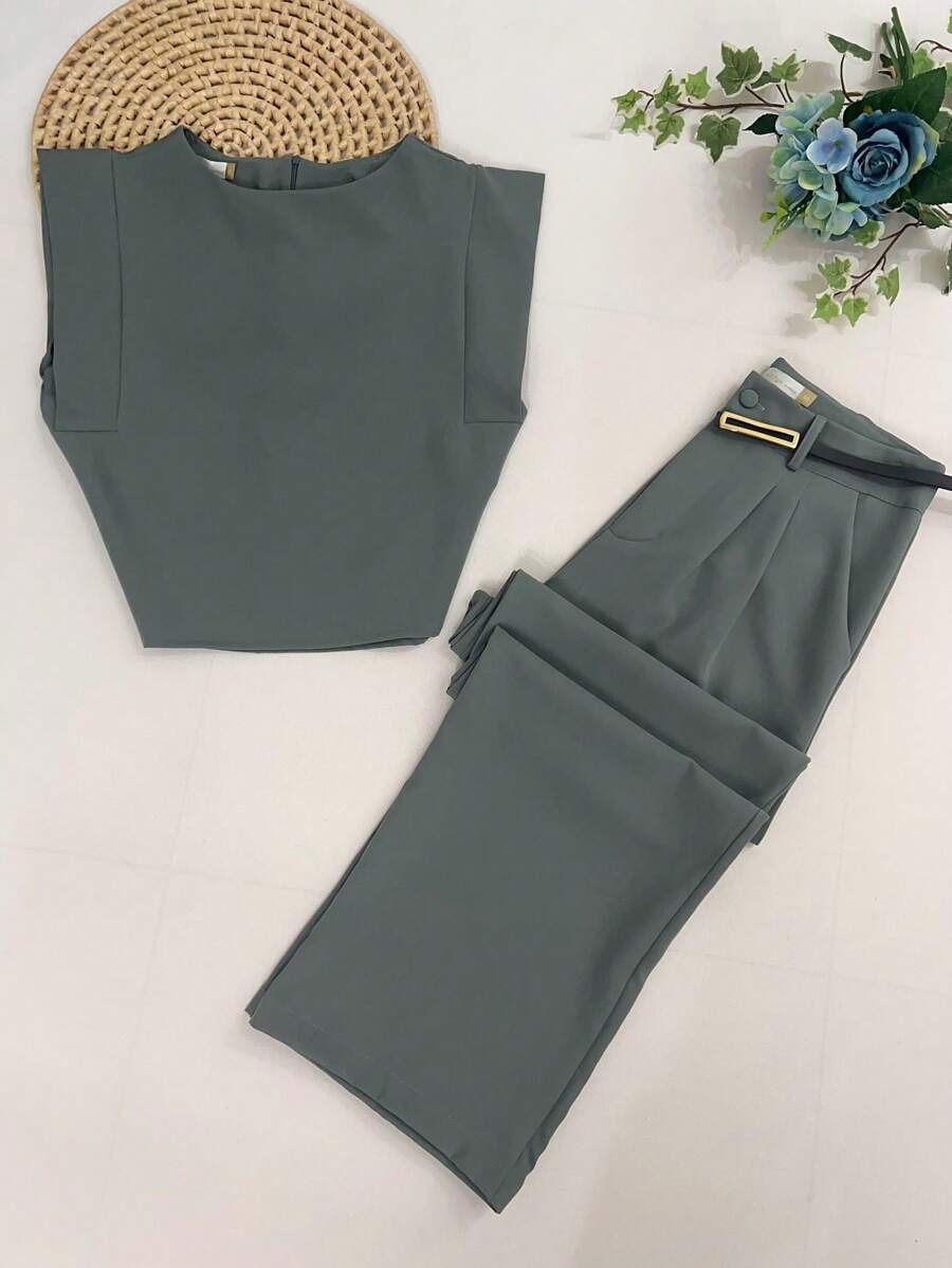 Women's Set: Summer Sleeveless Solid Color Round Neck Top And Wide Leg Pants With Belt And Bag - Grey - View 1