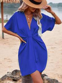 European And American Women's Solid Batwing Sleeve Wrap Hem Dress - Blue - View 5