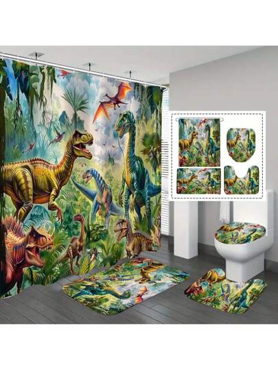 1/4pcs Dinosaur World Bathroom Set, Includes Shower Curtain With 12 Hooks, Anti-Slip Bathroom Rug, Toilet U-Shape Mat, Toilet Lid Cover, Bathroom Decor, Bathroom Curtain Set, Bathroom Accessories, Suitable For All Holidays