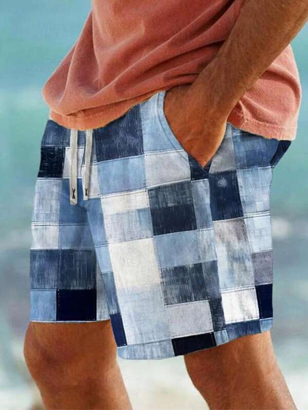 Men's Fashion Plaid Print Shorts, Summer Hawaii Casual Beach Pants, Digital Printed, Bermuda Shorts For Beach, Summer Style