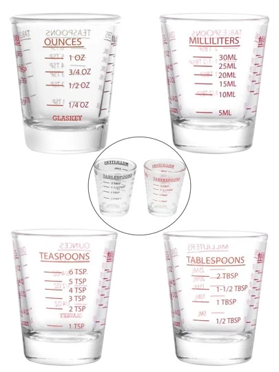 1 件校准玻璃量杯套装，标有盎司、毫升、茶匙和汤匙值，非常适合烹饪、烘焙和煮咖啡，重型底座设计确保稳定性，清晰校准并带有易于阅读的红色字体，可靠准确测量以实现精确食谱，是适合专业人士和家庭厨师的多功能测量工具。